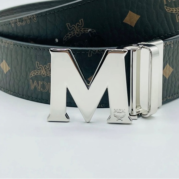 MCM Belt Green Visetos Canvas M Buckle Reversible Belt Unisex NEW Authentic - Picture 3 of 7